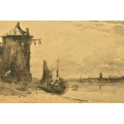 312 - CIRCLE OF WILLIAM JAMES MULLER (1812-1845) A STUDY FOR A LANDSCAPE WITH TOWER BESIDE A RIVER, unsign... 