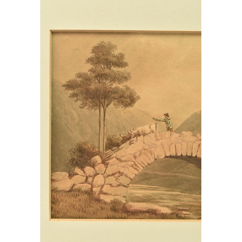 313 - CIRCLE OF WILLIAM GREEN OF AMBLESIDE (1760-1823) 'BRIDGE AT MARDALE', cattle drover and cattle cross... 