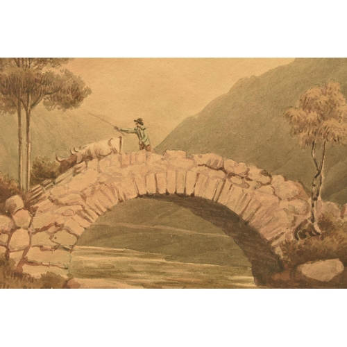 313 - CIRCLE OF WILLIAM GREEN OF AMBLESIDE (1760-1823) 'BRIDGE AT MARDALE', cattle drover and cattle cross... 