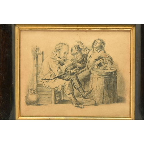 318 - A 19TH CENTURY ILLUSTRATION DEPICTING THREE MALE FIGURES IN A TAVERN, initialled H.C.M lower middle,... 