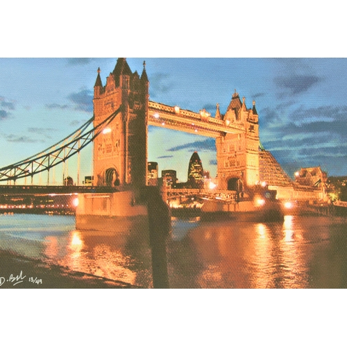 323 - DAREN BAKER (BRITISH 1976) 'ON THE RIVER', a limited edition print on board depicting Tower Bridge, ... 