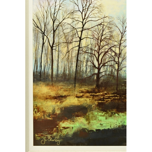 337 - JO STARKEY (BRITISH CONTEMPORARY) 'THE WILD SILENCE', an autumn landscape with bare trees beside a l... 