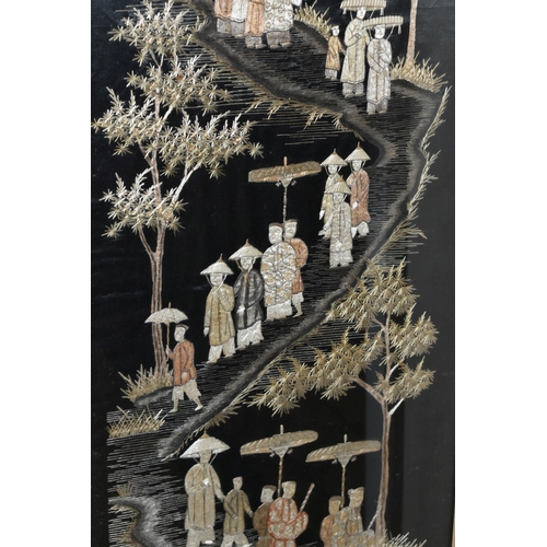 351 - TWO JAPANESE NEEDLEWORK PICTURES, the first depicts groups of figures wearing sandogasa hats, the se... 