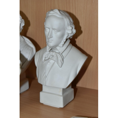 360 - THREE SMALL PARIAN PORTRAIT BUSTS, Mendelssohn, Shakespeare, and Rudyard Kipling, height of tallest ... 