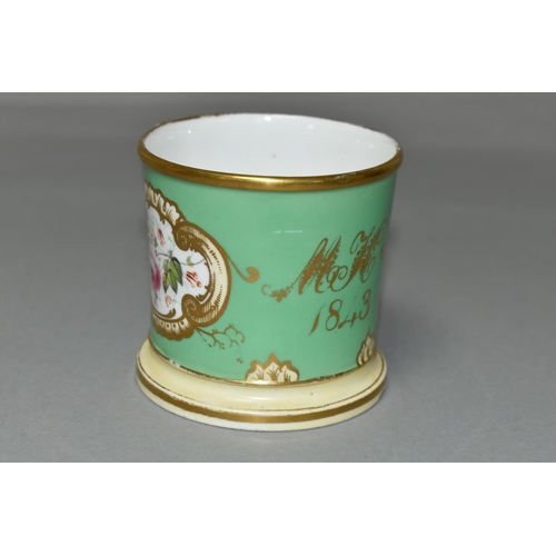 361 - A COALPORT HANDPAINTED SMALL MUG, unsigned, monogrammed and dated M.H 1843 in gold gilt, decorated w... 