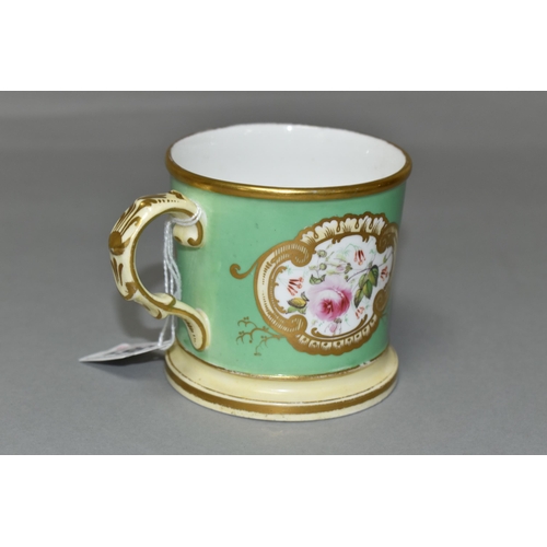 361 - A COALPORT HANDPAINTED SMALL MUG, unsigned, monogrammed and dated M.H 1843 in gold gilt, decorated w... 