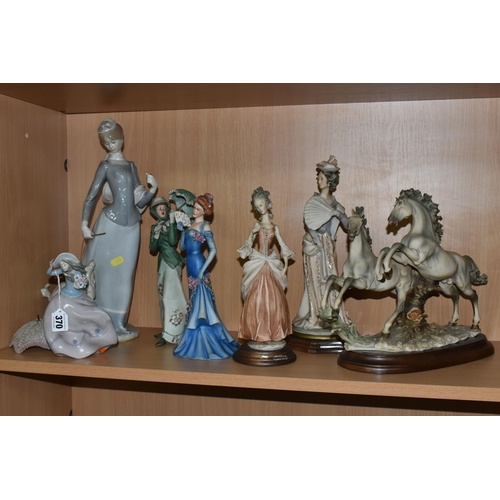 370 - A GROUP OF CAPODIMONTE FIGURES, together with a large Lladro 'Lady with shawl' 4914 figure, height 4... 