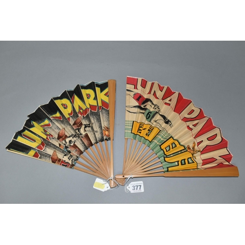 377 - TWO CHINESE PAPER LEAF FANS, both Art Deco inspired design, one has a printed scene of two greyhound... 