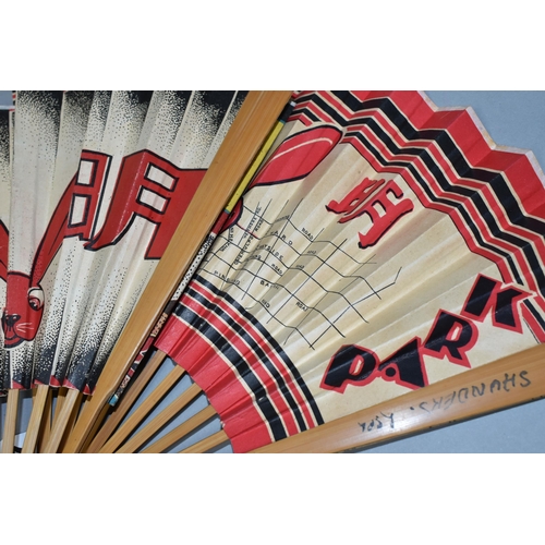 377 - TWO CHINESE PAPER LEAF FANS, both Art Deco inspired design, one has a printed scene of two greyhound... 