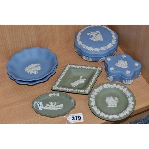 379 - A GROUP OF WEDGWOOD JASPERWARE, two blue trinket pots, two blue trinket dishes, three assorted shape... 