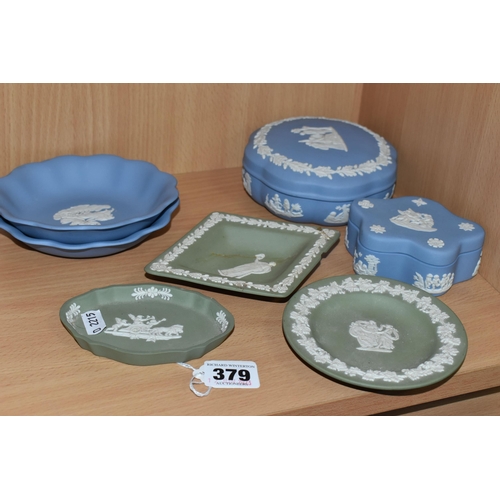 379 - A GROUP OF WEDGWOOD JASPERWARE, two blue trinket pots, two blue trinket dishes, three assorted shape... 