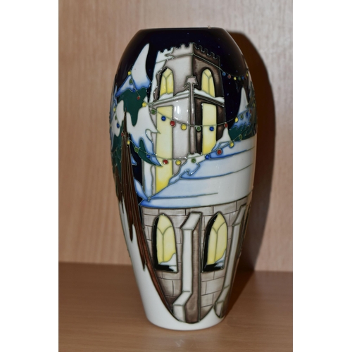 382 - A MOORCROFT POTTERY LIMITED EDITION 'CHRISTMAS WELCOME' VASE, tube lined with a church and trees in ... 