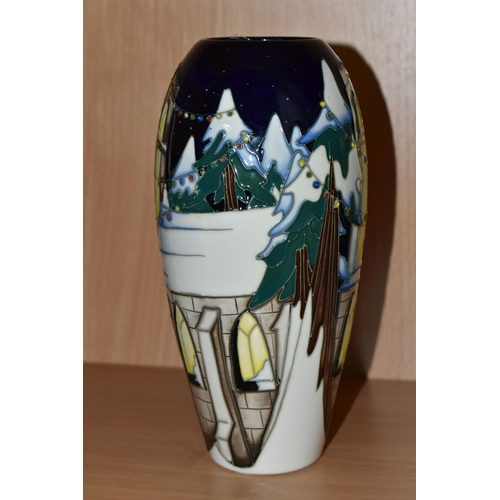 382 - A MOORCROFT POTTERY LIMITED EDITION 'CHRISTMAS WELCOME' VASE, tube lined with a church and trees in ... 