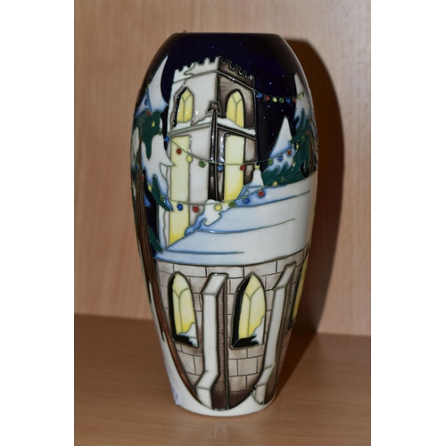 382 - A MOORCROFT POTTERY LIMITED EDITION 'CHRISTMAS WELCOME' VASE, tube lined with a church and trees in ... 