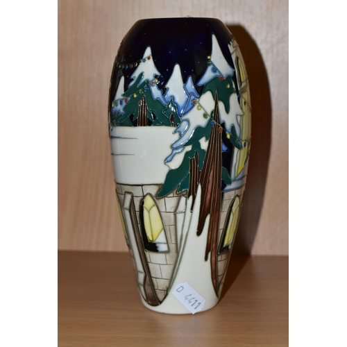 382 - A MOORCROFT POTTERY LIMITED EDITION 'CHRISTMAS WELCOME' VASE, tube lined with a church and trees in ... 