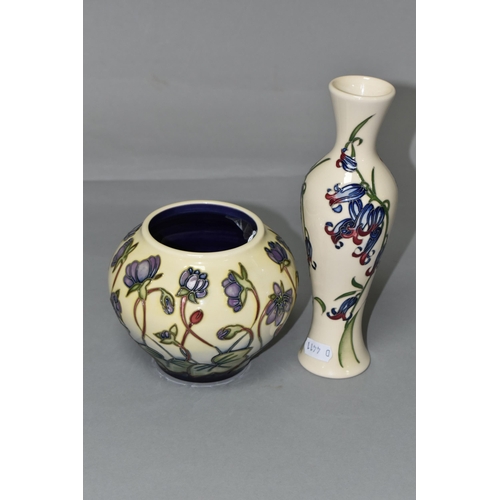 385 - TWO MOORCROFT POTTERY VASES, comprising a bulbous vase in the 'Hepatica' pattern, tube lined with li... 