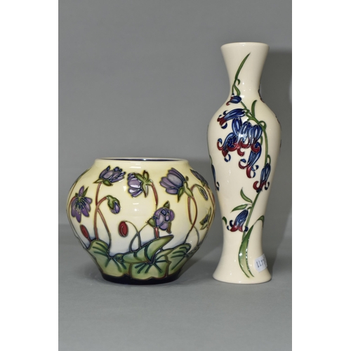 385 - TWO MOORCROFT POTTERY VASES, comprising a bulbous vase in the 'Hepatica' pattern, tube lined with li... 