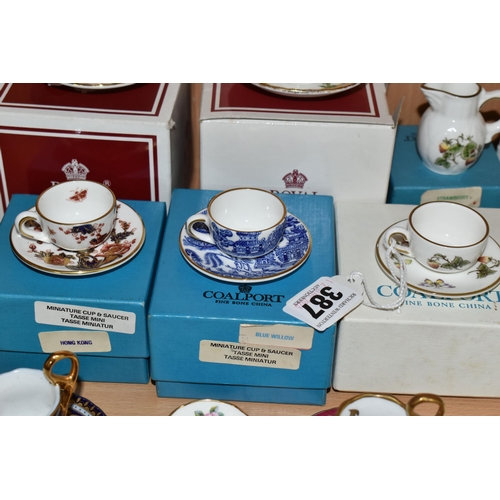 387 - A COLLECTION OF MINIATURE CUPS AND SAUCERS, ETC, to include boxed teacups in Royal Albert Old Countr... 