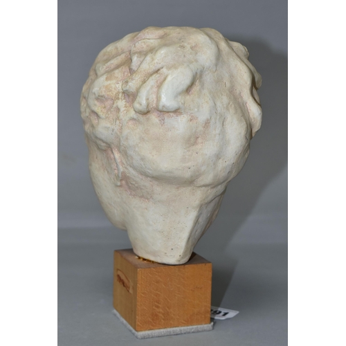 391 - A CLASSICAL STYLE GREEK FEMALE BUST, the painted terracotta head and neck mounted on a small wooden ... 