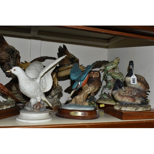 399 - TWELVE BIRD AND ANIMAL SCULPTURES, to include geese, pheasants, budgies, owls, birds of prey and an ... 