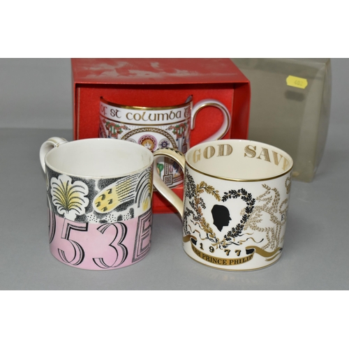 402 - THREE WEDGWOOD AND SPODE MUGS, INCLUDING A WEDGWOOD ERIC RAVILIOUS 1953 CORONATION MUG, printed with... 