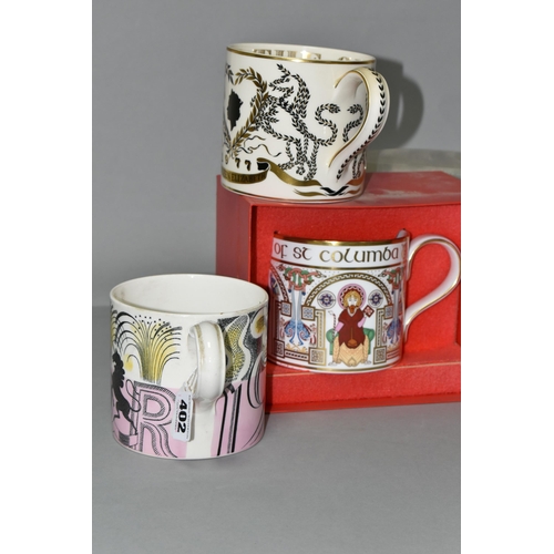 402 - THREE WEDGWOOD AND SPODE MUGS, INCLUDING A WEDGWOOD ERIC RAVILIOUS 1953 CORONATION MUG, printed with... 