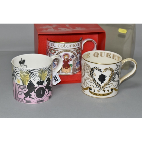 402 - THREE WEDGWOOD AND SPODE MUGS, INCLUDING A WEDGWOOD ERIC RAVILIOUS 1953 CORONATION MUG, printed with... 