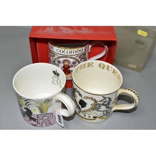 402 - THREE WEDGWOOD AND SPODE MUGS, INCLUDING A WEDGWOOD ERIC RAVILIOUS 1953 CORONATION MUG, printed with... 