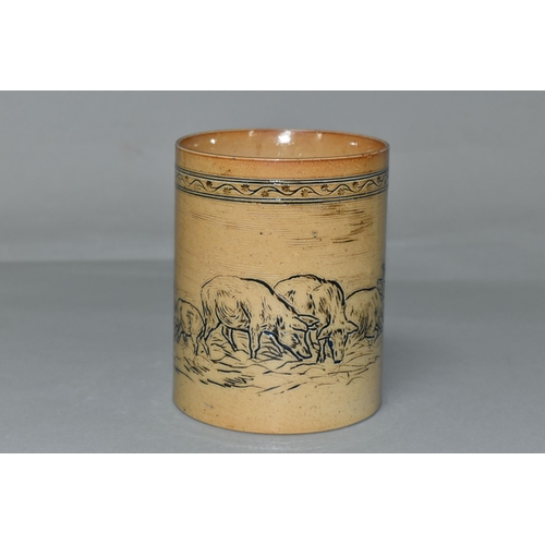 403 - A DOULTON LAMBETH STONEWARE TANKARD BY HANNAH BARLOW, incised with pigs and piglets beneath a foliat... 