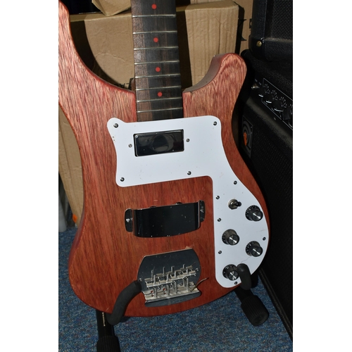 410 - A HANDMADE RICKENBACKER STYLE BASS GUITAR with mahogany glued in neck, one single coil and a small s... 