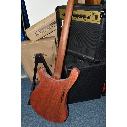 410 - A HANDMADE RICKENBACKER STYLE BASS GUITAR with mahogany glued in neck, one single coil and a small s... 