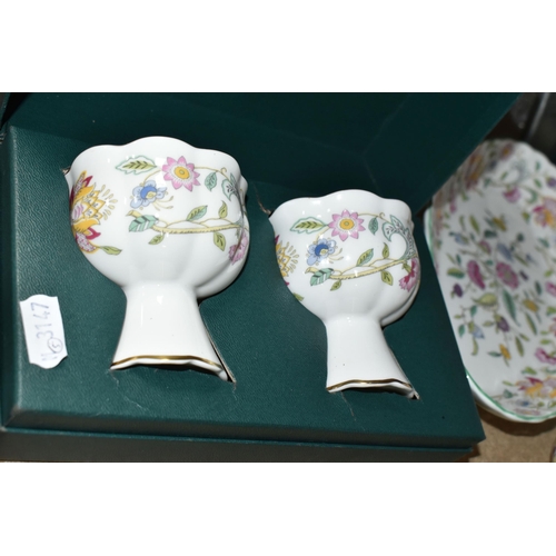 416 - A GROUP OF MINTON 'HADDON HALL' PATTERN TEAWARE, comprising an oval trinket dish (marked as second q... 