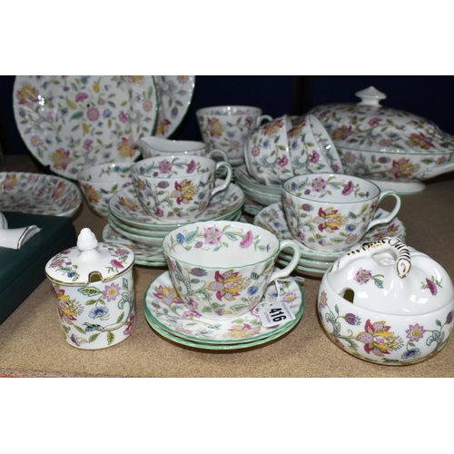 416 - A GROUP OF MINTON 'HADDON HALL' PATTERN TEAWARE, comprising an oval trinket dish (marked as second q... 