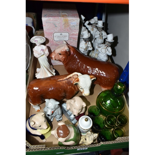 417 - TWO BOXES OF TEAWARE AND CERAMICS, to include two bull figures, a boxed Coalport Ladies of Fashion '... 