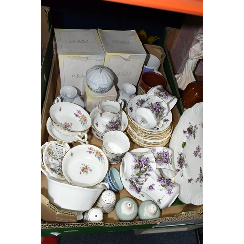 417 - TWO BOXES OF TEAWARE AND CERAMICS, to include two bull figures, a boxed Coalport Ladies of Fashion '... 