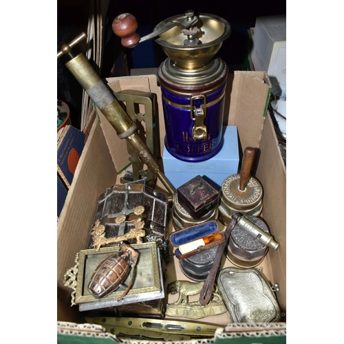 418 - ONE BOX OF METALWARE AND SUNDRIES, to include a blue Harrods coffee grinder, a silverplate purse, tw... 