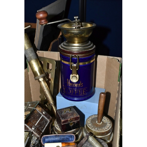 418 - ONE BOX OF METALWARE AND SUNDRIES, to include a blue Harrods coffee grinder, a silverplate purse, tw... 