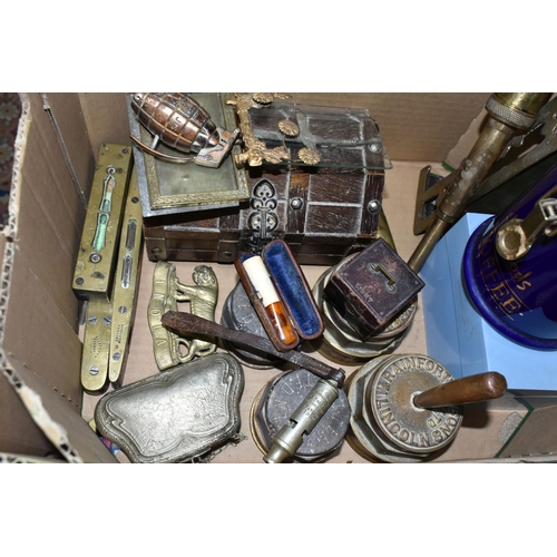 418 - ONE BOX OF METALWARE AND SUNDRIES, to include a blue Harrods coffee grinder, a silverplate purse, tw... 