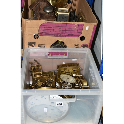 420 - THREE BOXES OF CLOCKS, CLOCK PARTS AND BOOKS, to include brass clock mechanisms, glass fronts, bezel... 