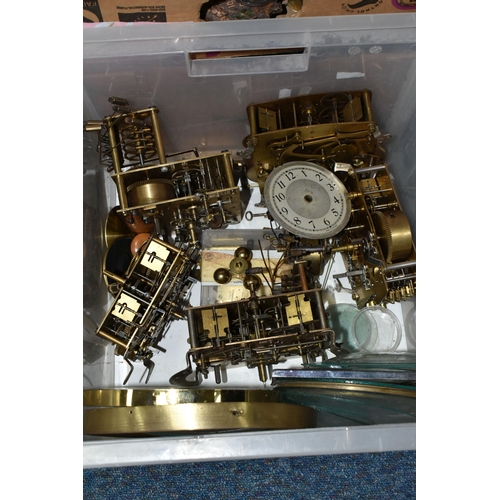 420 - THREE BOXES OF CLOCKS, CLOCK PARTS AND BOOKS, to include brass clock mechanisms, glass fronts, bezel... 