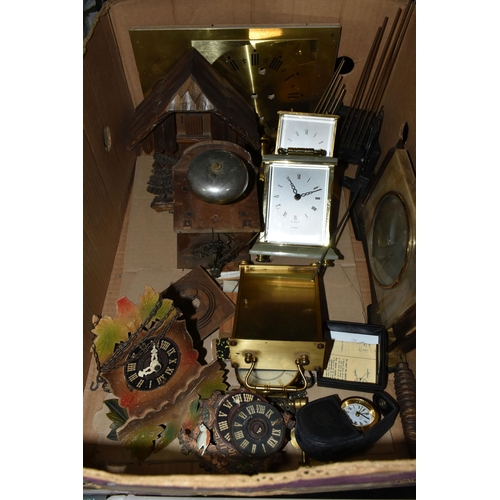 420 - THREE BOXES OF CLOCKS, CLOCK PARTS AND BOOKS, to include brass clock mechanisms, glass fronts, bezel... 