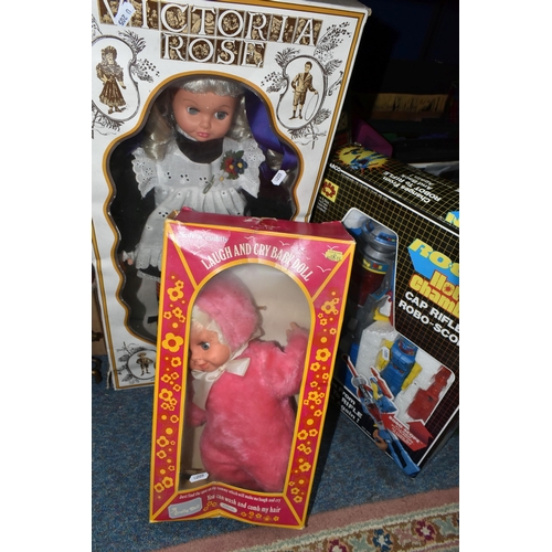 422 - ONE BOX OF VINTAGE DOLLS AND BOARD GAMES, to include a boxed Soltoys Ltd. 'Laugh And Cry Baby Doll',... 