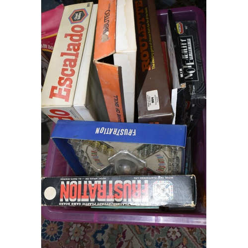 422 - ONE BOX OF VINTAGE DOLLS AND BOARD GAMES, to include a boxed Soltoys Ltd. 'Laugh And Cry Baby Doll',... 