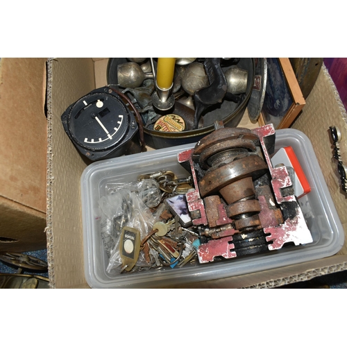 423 - TWO BOXES OF BRASSWARE, METALWARE AND KEYS, to include a large quantity of assorted keys, horse bras... 