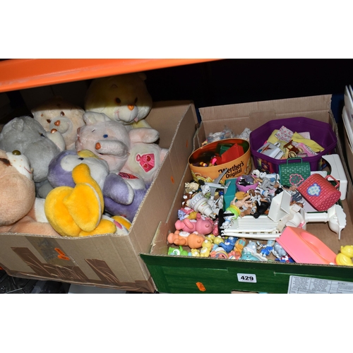 429 - TWO BOXES OF CARE BEARS AND MATTEL DOLLS, to include five 1990's Mattel Barbie Kelly Club dolls with... 