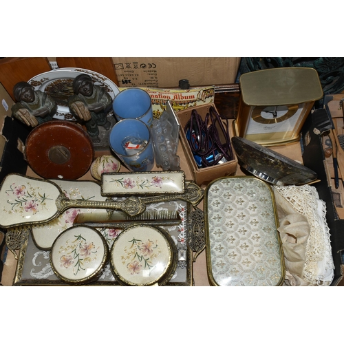 431 - TWO BOXES OF ASSORTED SUNDRIES AND VINTAGE BEE KEEPING CLOTHING, to include a hat and veil, gloves, ... 