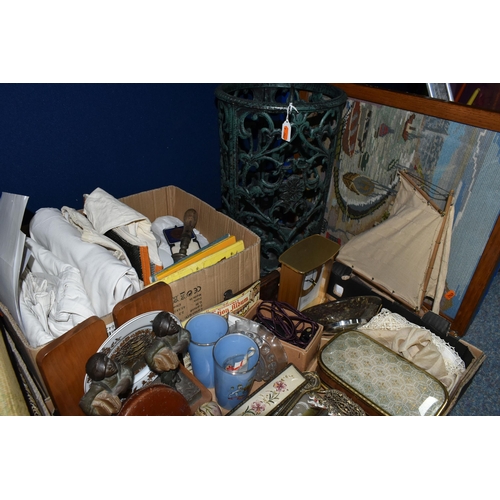 431 - TWO BOXES OF ASSORTED SUNDRIES AND VINTAGE BEE KEEPING CLOTHING, to include a hat and veil, gloves, ... 