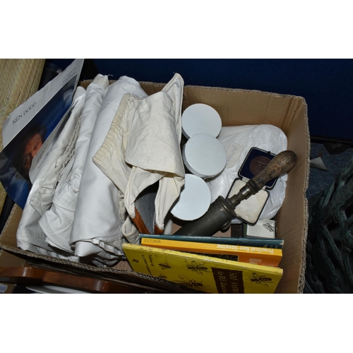 431 - TWO BOXES OF ASSORTED SUNDRIES AND VINTAGE BEE KEEPING CLOTHING, to include a hat and veil, gloves, ... 