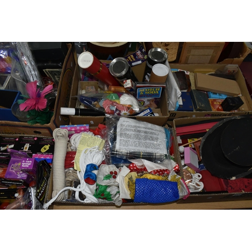 433 - SIX BOXES OF MAGICIANS EQUIPMENT, PROPS AND PLAYING CARDS, to include folding top hat, magic wands, ... 