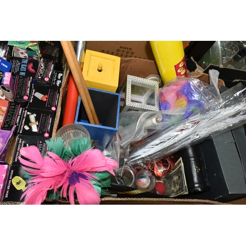 433 - SIX BOXES OF MAGICIANS EQUIPMENT, PROPS AND PLAYING CARDS, to include folding top hat, magic wands, ... 